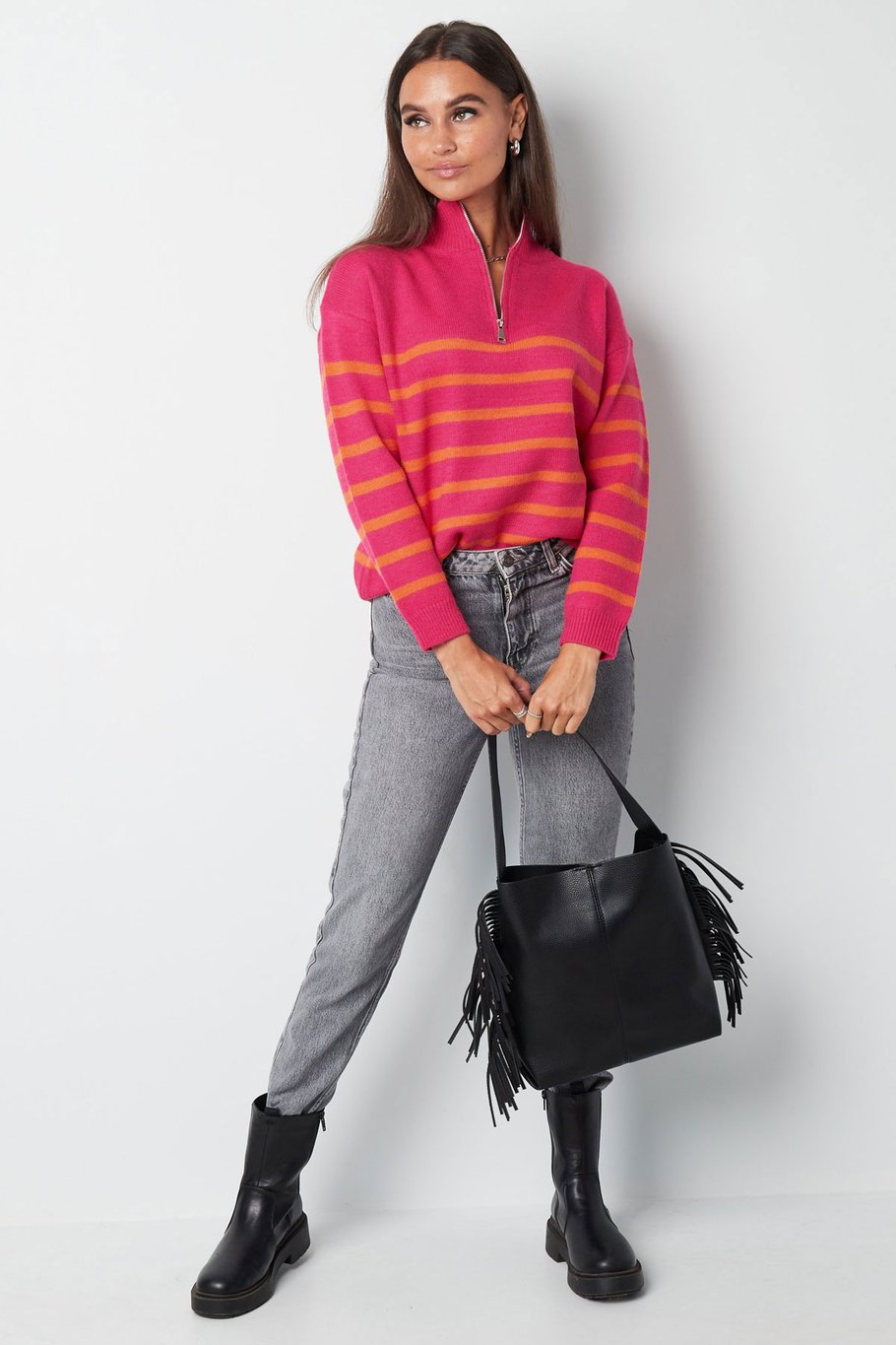 Knitted sweater stripes with zipper - beige black - SM Picture9